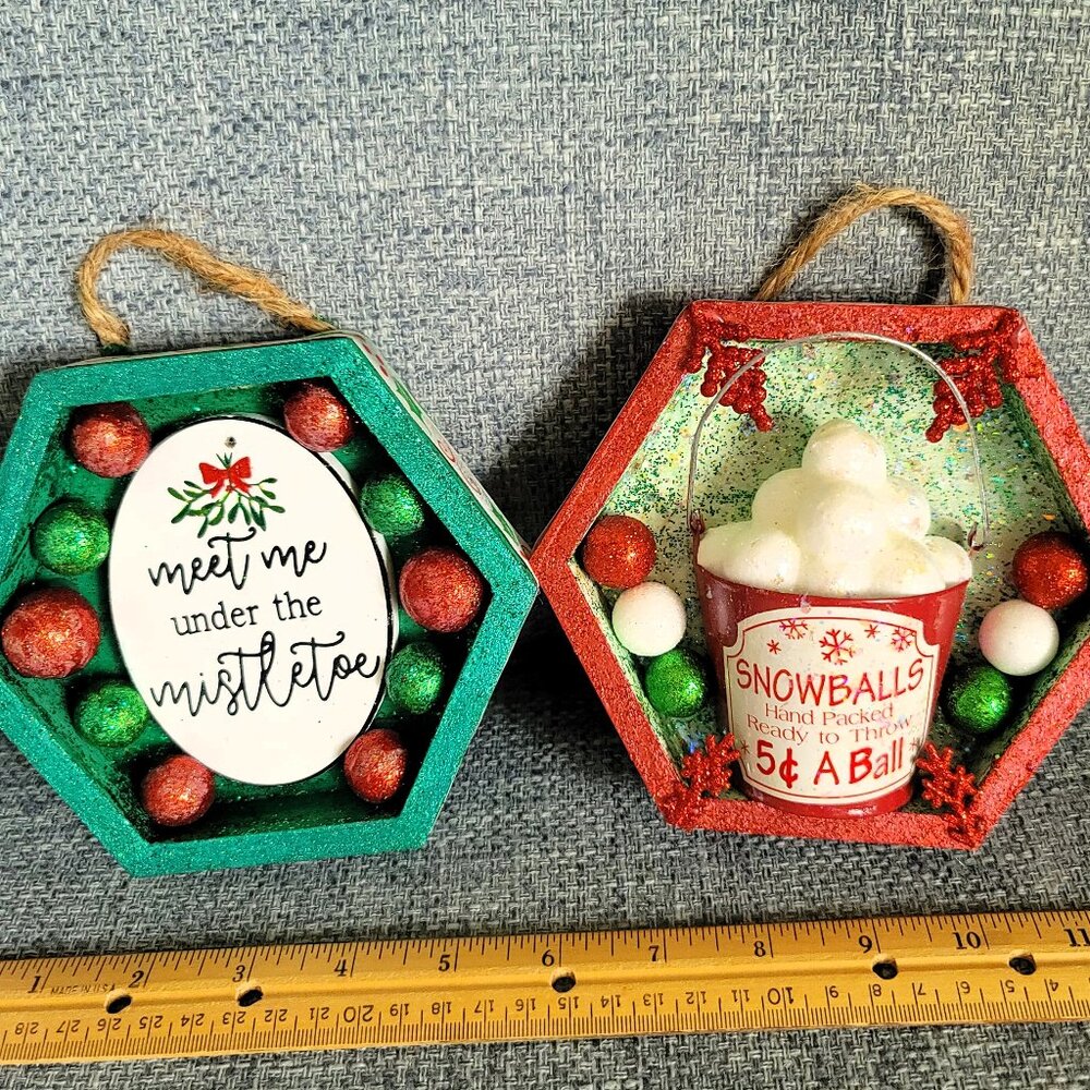 Christmas Holiday Snowballs and Mistletoe Decorated Wood Decor Frames. Set of 2.
